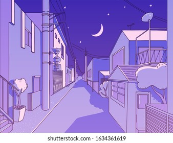 Night asian street in residental area. Peaceful alleyway. Japanese aesthetics illustration, vector landscape for t shirt print. Otaku and hipster fashion design. Violet sky with stars, wires and moon