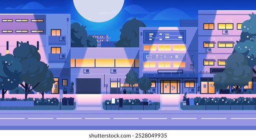 Paisaje asiático de la ciudad del verano de la noche. Calle iluminada con edificio y árboles. Fondo de Vector para el juego