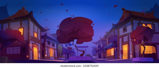 Night Asian town street with buildings and sakura trees along road. Vector cartoon illustration of old Chinese buildings, shops, traditional restaurants with illuminated windows, stars in dark sky
