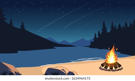 Night atmosphere with a campfire made on the edge of the lake, nature illustration in flat style