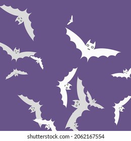 Night Attack Colorful Scary Halloween Modern Design. Purple White Creepy Retro Art Flying Bats Fabrics. Grey Spooky Black Gothic Wallpaper. Print Eyes Motion Sky Violet Bats Vector Background.
