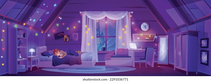 Night attic bedroom interior and girl lying with smartphone cartoon background. Garland light, student desk, mirror and bed in dark girly mansard room cartoon scene with forest view from window.