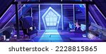 Night attic with skull on armchair, cobweb in dark corners, scary owl, old staff on floor and moon shining through window. Spooky Halloween atmosphere in abandoned room. Vector cartoon illustration