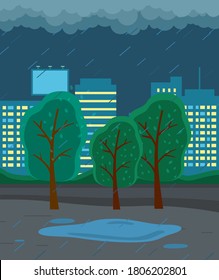 Night autumn city view with strong rain, cold damp weather, raining at evening, scene with trees, buildings with light in windows and puddles on road, gloomy, overcast cloudy scenery, nobody around