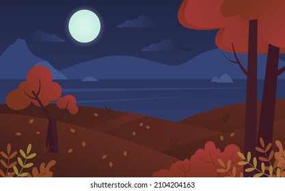 Night autumn landscape with lake and mountains illustration. Dark sky with moon trees falling in yellow and meadows covered with leaves blue river flowing through valley. Cartoon vector wilting.