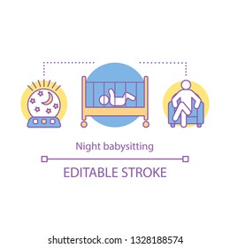 Night babysitting concept icon. Childcare any time idea thin line illustration. Child care assistance. Vector isolated outline drawing. Editable stroke