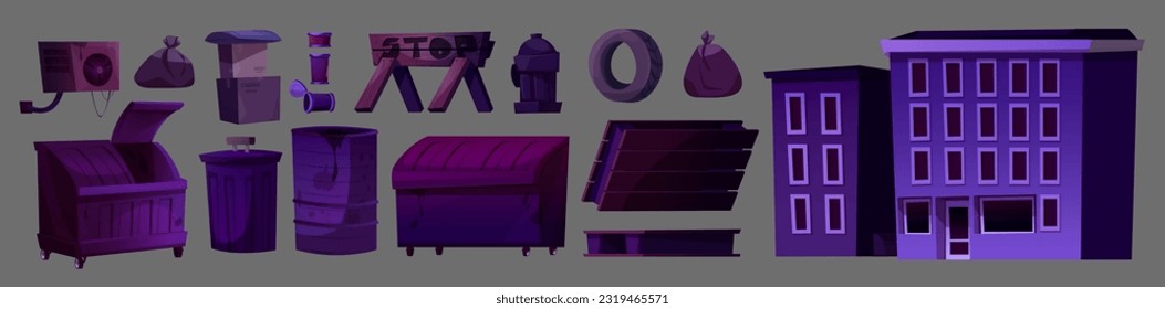 Night back alley city street cartoon vector set. Dark empty quiet alleyway isolated objects collection with building, dumpster, barrel, hydrant and stop signboard. Cityscape clipart kit for game scene