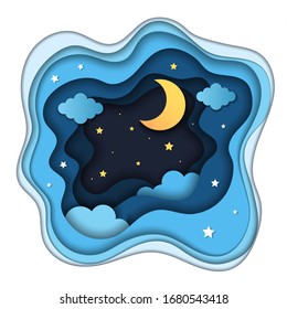 Night background. Abstract origami landscape from cut paper with shadows space with stars vector