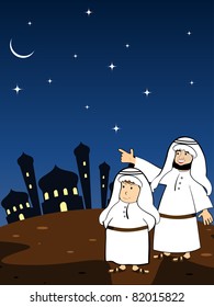 night background with arabic people indicating moon infront of mosque