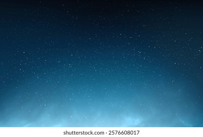 Night background. Beautiful sky wallpaper with stars. Clouds with glowing effect. Magic stardust texture. Blue universe with soft light. Cosmos poster template. Vector illustration.