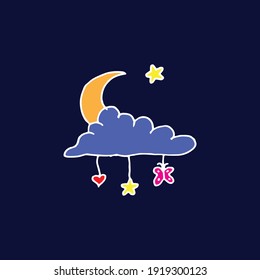 night background. blue cloud with crescent moon and stars. white outline, hand drawn vector. beautiful night view. baby wall decoration. doodle space art for kids, wallpaper, card, poster, banner