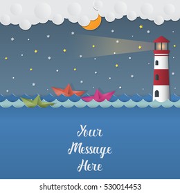Night background with boats and Lighthouse in winter, vector illustration.