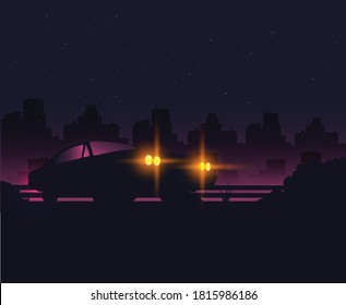 Night background with car vector, flat illustration