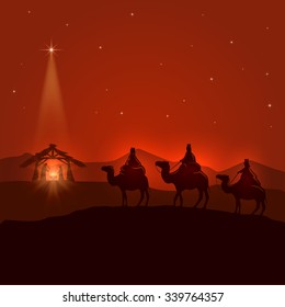 Night background with Christian Christmas scene, three wise men, birth of Jesus and shining star, illustration.