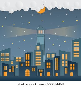 Night background with Cityscape and Light Tower in flat style.