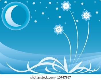 Night background composition with moon, stars and three flowers