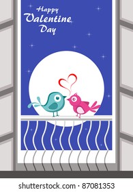 Night background with cute love bird sitting on window