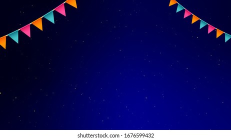 Night background with flags garlands. Pattern with stars and sparkles. Party background for brochures, flyers and banners. Colorful flags for creative design. Night event vector