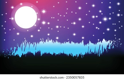 Night Background with Full Moon - Beautiful vector wallpaper, background illustration, and landscape in black and blue color. Sky panorama with stars space.
