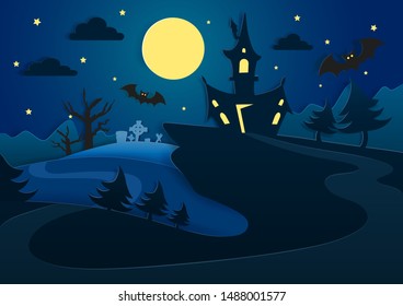 Night background with full moon, haunted house, flying bats, cemetery with graves and dead tree, vector illustration in paper art style. Happy Halloween poster banner template.