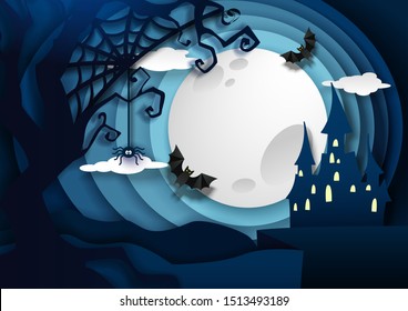 Night background with full moon, haunted house, flying bats, dead tree and spider, vector illustration in paper art style. Happy Halloween composition for party invitation, poster, greeting card.