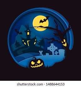 Night background with full moon, scary pumpkin, haunted house, flying bats, cemetery with graves, dead tree, vector illustration in paper art style. Halloween composition for party invitation, poster.