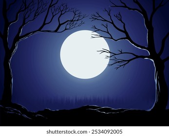 Night background with full moon and trees