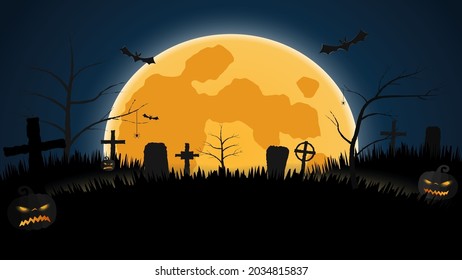 Night background for halloween with evil pumpkins, graveyard, bats, spiders on background of a large glowing moon. Template for banners, invitations, discounts, promotions for autumn holidays. Vector