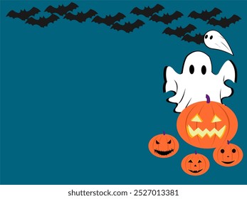 Fondo de la noche con calabazas de Halloween, fantasmas y murciélagos