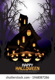 Night background for happy halloween with glowing pumpkin, hounted house 