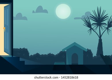 Night background with house garden in moonlight with foliage trees, palm and doghouse. Vector cartoon illustration of home outside concept with open entrance door