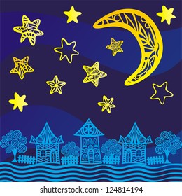 Night background houses moon stars vector illustration