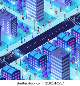 Fondo nocturno isométrico e inteligente ciudad ultravioleta azul en la noche con luces. Ilustración 3D.