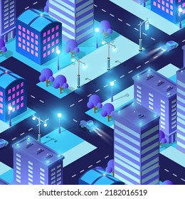Fondo nocturno isométrico e inteligente ciudad ultravioleta azul en la noche con luces. Ilustración 3D.