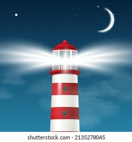 Night background with lighthouse tower, realistic vector illustration. Realistic banner or poster mockup with striped burning lighthouse at moony night backdrop.