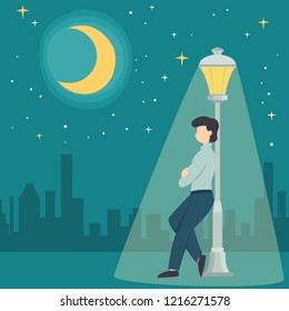 Night background with a lonely man near the lantern on a date, illustration.