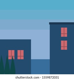 Night background for mobile game. Two building with lighting windows and trees