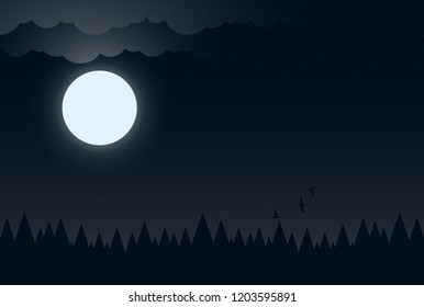 Night background with moon, clouds and dark forest