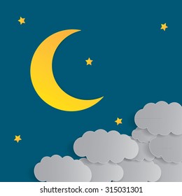 Night background, Moon, Clouds and shining Stars on dark blue sky, illustration