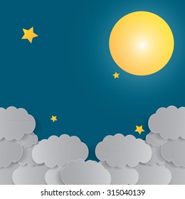 Night background, Moon, Clouds and shining Stars on dark blue sky, illustration