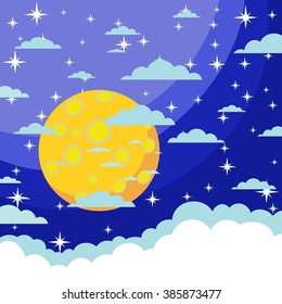 Night background, Moon, Clouds and shining Stars on dark blue sky, illustration