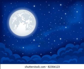 Night background, Moon, Clouds and shining Stars on dark blue sky, illustration