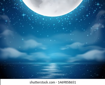 Night background with moon and sea. Dark background with moon reflection on ocean, river water. Romantic sky with clouds scene. Mystery midnight wallpapers. Evening or dusk lake. Seascape horizon