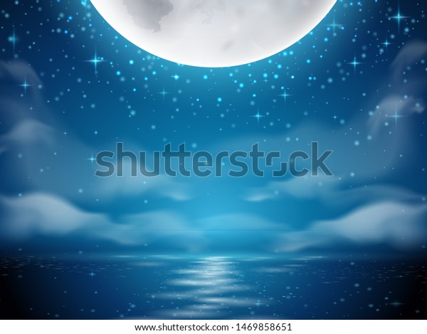Night background with moon and sea. Dark\
background with moon reflection on ocean, river water. Romantic sky\
with clouds scene. Mystery midnight wallpapers. Evening or dusk\
lake. Seascape horizon