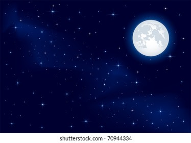 Night Background, Moon And Shining Stars On Dark Blue Sky, Illustration
