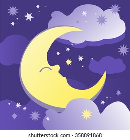 Night background with moon, stars and clouds. Vector illustration.