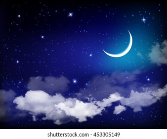 Night background with moon and stars, holy month, Ramadan Kareem. Vector illustration