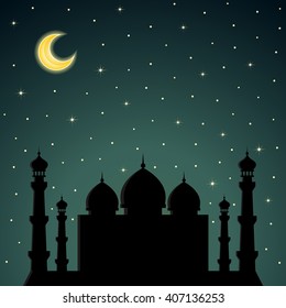 Night background with mosque silhouette. Vector illustration.
