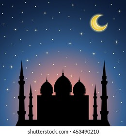 Night background with mosque silhouette. Vector illustration.
