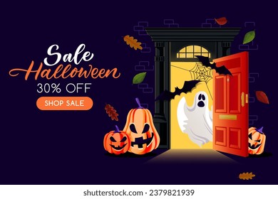 Night background with open light door with ghost, bats and pumpkin lanterns. Vector cartoon illustration. Halloween holiday poster, banner template. Party flyer invitation layout